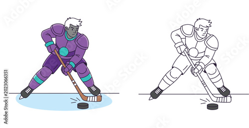 Photography Vector Illustration of an Ice Hockey Player in Action with Line Art Version, Pro
