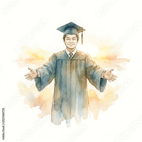 Graduation student in cap and gown with open arms, symbolizing achievement and future opportunities in a watercolor style