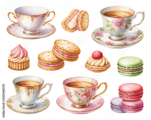 Watercolor Tea Time Clipart Set, Tea Cup Cookie Dessert Collection vector illustration isolated on white background