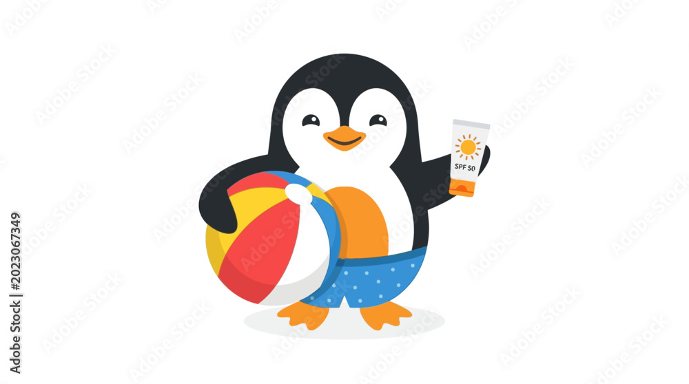 Obraz premium Charming cartoon penguin character joyfully preparing for a sunny summer beach vacation, complete with colorful swim trunks, a playful beach ball, and essential sunscreen