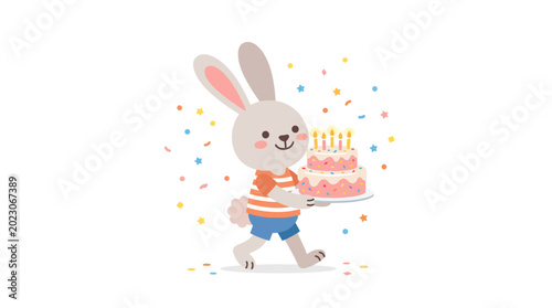 Adorable cartoon bunny carries a festive birthday cake adorned with glowing candles and colorful confetti, symbolizing joy and celebration for children's parties and greeting designs