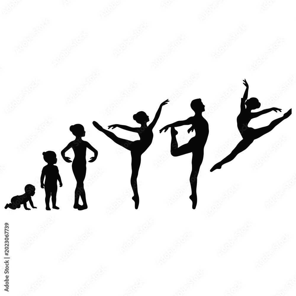 Fototapeta premium Growing Up Dancing: Childhood to Adult Ballet Journey Illustration