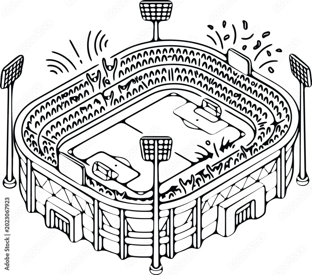 Obraz premium Isometric soccer stadium, black and white sketch, football arena view from above with cheering crowd and goal celebration.