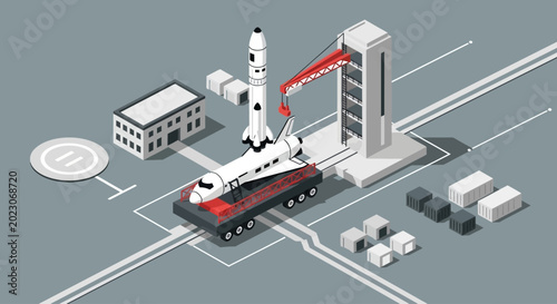 Quadro su tela Isometric illustration of a spaceport with a rocket being transported