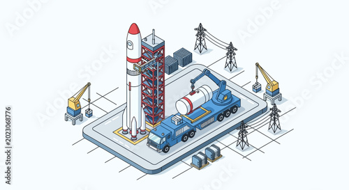 Bild auf Leinwand Isometric illustration of rocket launch site.