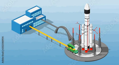 Canvas Print Spaceport with rocket on launchpad near building.