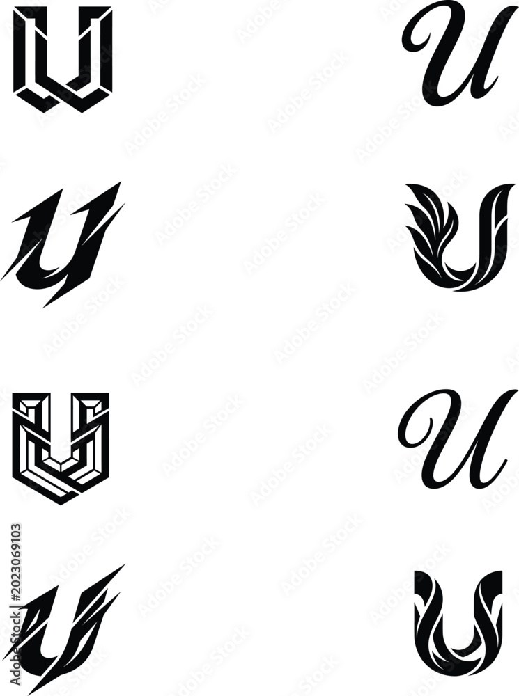 Obraz premium A high resolution group of eight unique letter u logo designs featuring up-to-date artistic expert styles.