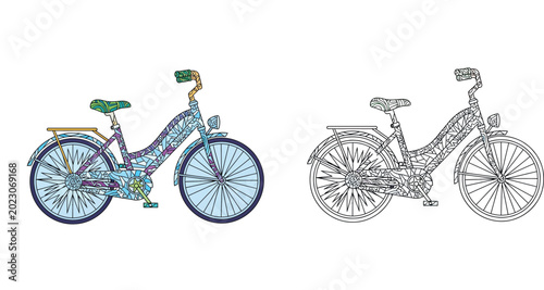 Tableau sur toile Decorative Bicycle Illustration with Intricate Zentangle Patterns and Line Art V