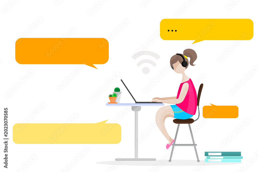Fototapeta premium Work from Home Illustration of Woman Wearing Headphones During Online Meeting with Colleagues Using Wireless Communication Technology
