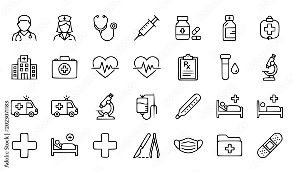 Naklejka premium Editable stroke doctor and healthcare outline icon collection vector