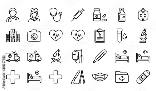 Fotografía Editable stroke doctor and healthcare outline icon collection vector