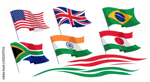 International Flags Waving: USA, UK, Brazil, India, South Africa, Niger