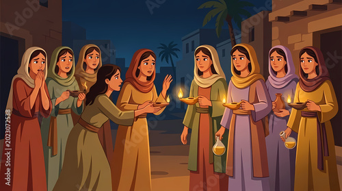 Parable of the Ten Virgins illustration showing women with lamps at night