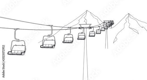 Ski lift chairs ascend snowy mountain peaks in this line art illustration
