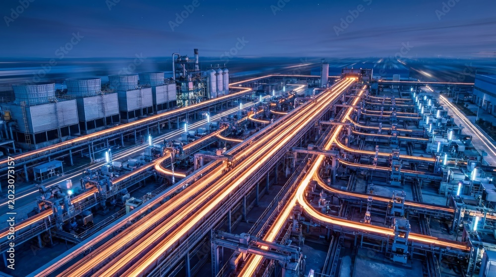 Fototapeta premium Futuristic industrial complex with glowing lights at dusk