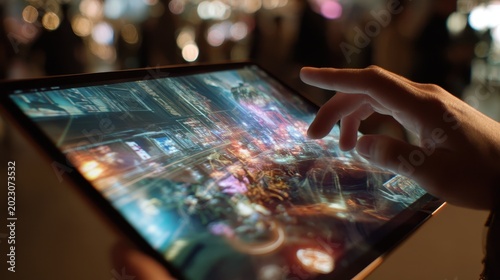 Person use tablet computer with futuristic city screen