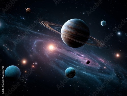 A breathtaking view of deep space filled with vibrant nebulae and several celestial bodies, including a prominent striped planet in the vast cosmic expanse.