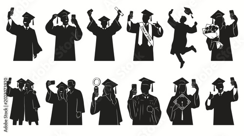 Obraz na płótnie academic graduation student silhouette icon set with graduates taking selfie wit