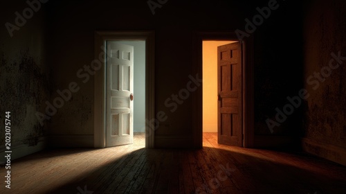 Two open doors in a dark room with contrasting blue and orange light