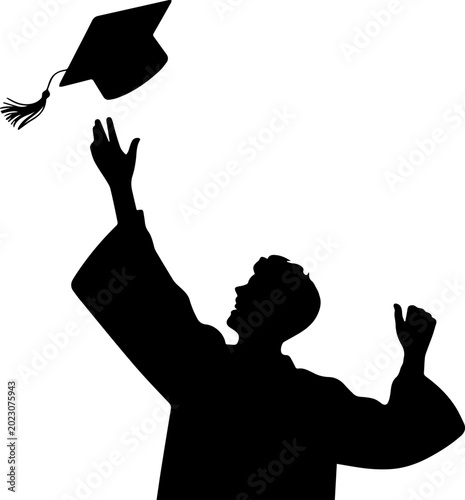 Black Silhouette of Graduate Student Throwing Graduation Cap in the Air for Celebration and Achievement