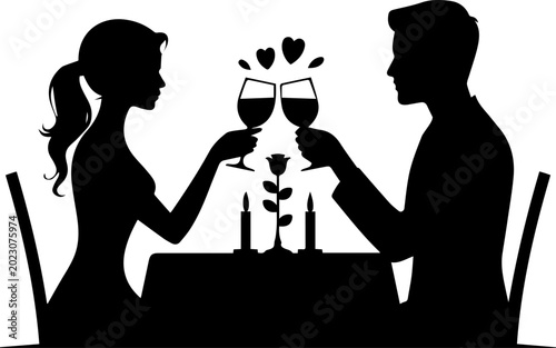 Silhouette of a Romantic Couple Having a Candlelight Dinner and Toasting with Wine Glasses for Valentines Day