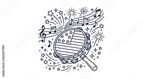 Obraz na plátně Patriotic tambourine illustration with musical notes and stars.