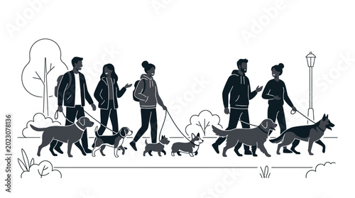 Foto People walking their dogs in a park illustration.