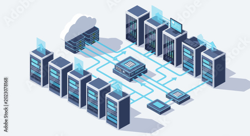 Isometric illustration of interconnected server network.