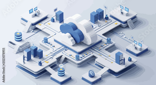 Isometric illustration of a futuristic data center with servers and technology infrastructure.