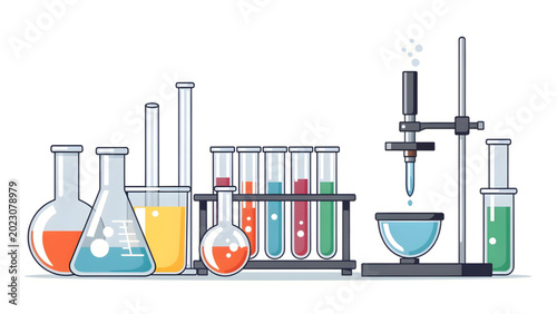 Photography colorful laboratory glassware with test tubes flasks and chemical drops on white