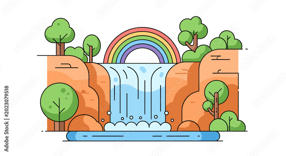 Fototapeta premium A vibrant, stylized illustration of a waterfall cascading down rocky cliffs with a rainbow arching over the top, surrounded by lush green trees.
