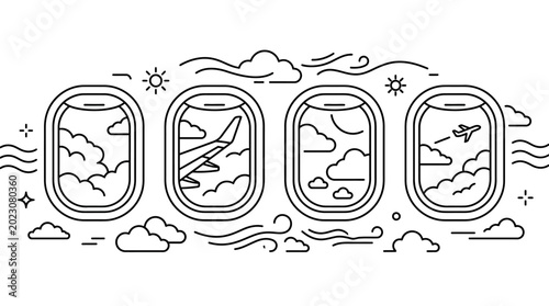 Set of airplane window icons with sky views.