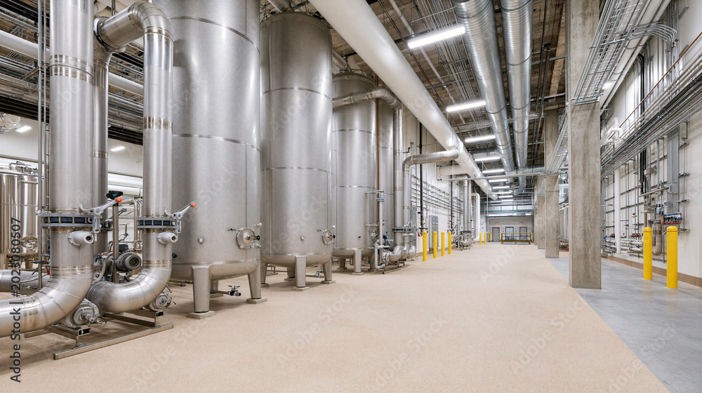 Fototapeta premium Large industrial water treatment facility interior with stainless steel tanks and complex pipe