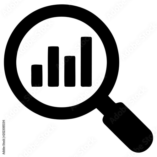 Tableau sur toile Black vector graphic illustration portraying a magnifying glass focusing on a bar chart, symbolizing data analysis, business growth, and financial market research