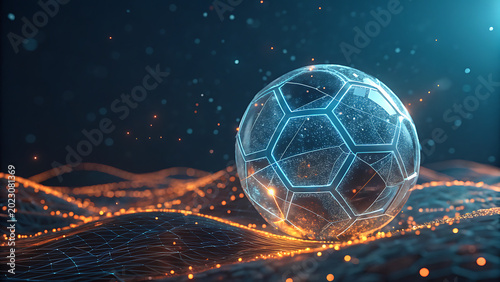Futuristic Glowing Soccer Ball on Digital Network Terrain, 3D Render
