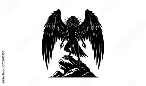 Foto Mythological Harpy Creature with Large Wings Standing on Rock Silhouette Vector