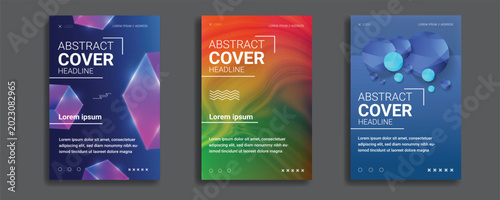 Abstract modern cover design template set with 3D geometric shapes and fluid gradients.