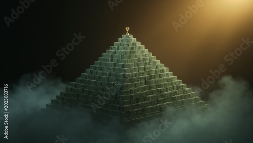 Mysterious Pyramid of Stacks with Glowing Light and Fog Effects in Night Scene