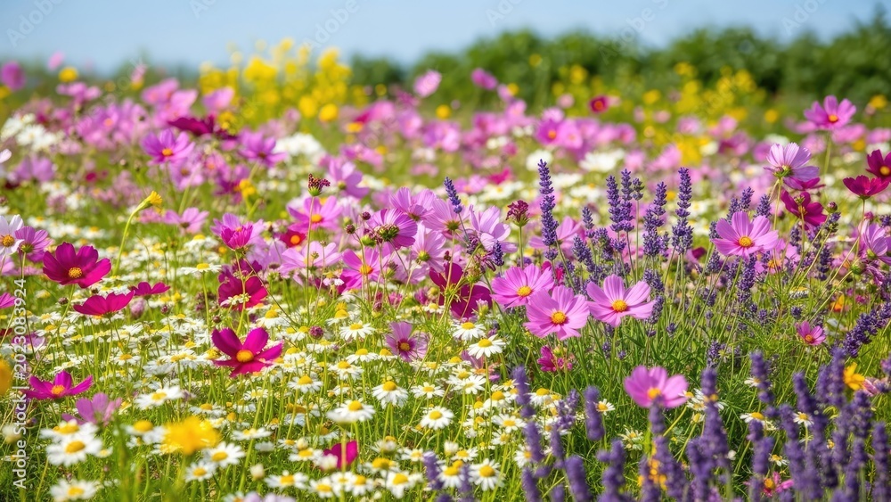 Fototapeta premium Vibrant wildflower meadow in full bloom under sunny sky