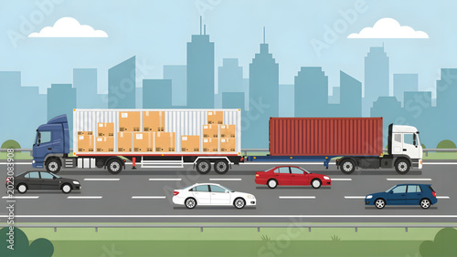 Tableau sur toile city highway with trucks carrying containers and cars in daylight urban traffic
