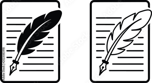 Fotografie Minimalist Quill Pen and Lined Document Icon Set, Modern Creative Writing, Poetry Blogging, and Literary Publishing Vector Graphics, vector, illustration, silhouette