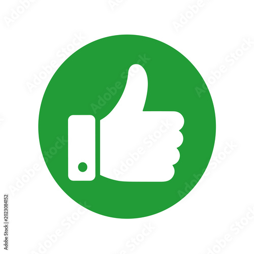 Circular green thumbs up icon PNG for UI design. White hand like gesture in green circle PNG clipart.