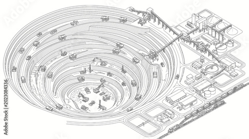 An architectural illustration of a futuristic stadium design with spiral seating and detailed infrastructure