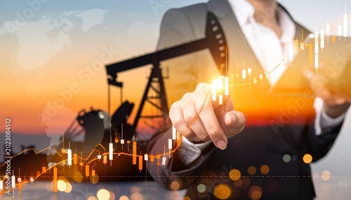 Businessman interacting with glowing stock market graph at sunset with oil pump in background