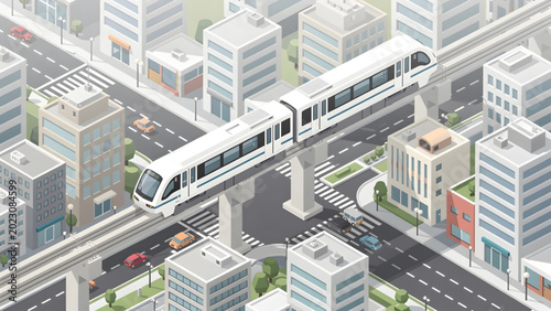 Schilderij op canvas modern white elevated train crossing urban cityscape with buildings and roads
