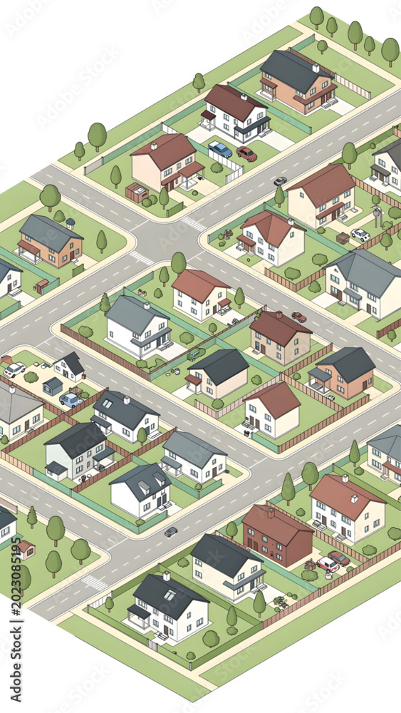 Fototapeta premium isometric suburban neighborhood with pastel colored houses green lawns trees and driveways