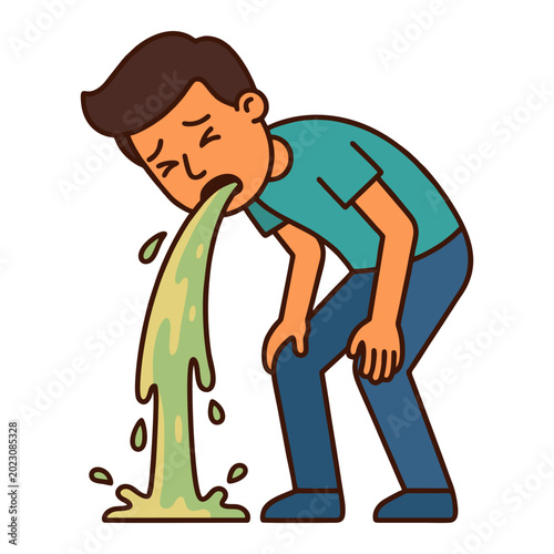 Bild auf Leinwand Unwell Man Bending Over and Vomiting Vector Cartoon Illustration