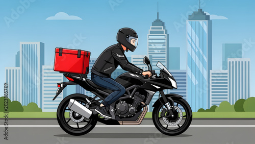 Konstfotografi male delivery rider in black gear riding motorcycle with red box in city backgro