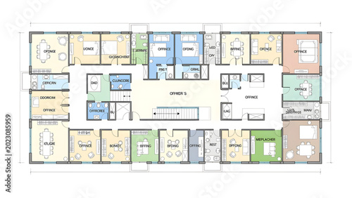detailed office floor plan with color-coded rooms and labeled workspaces layout