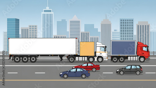 Photos white and red freight trucks with trailers and colorful cars driving on highway